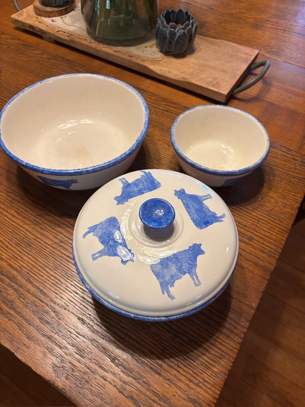 Vintage Blue & Cream Cow Motif Ceramic Serving Set - nesting